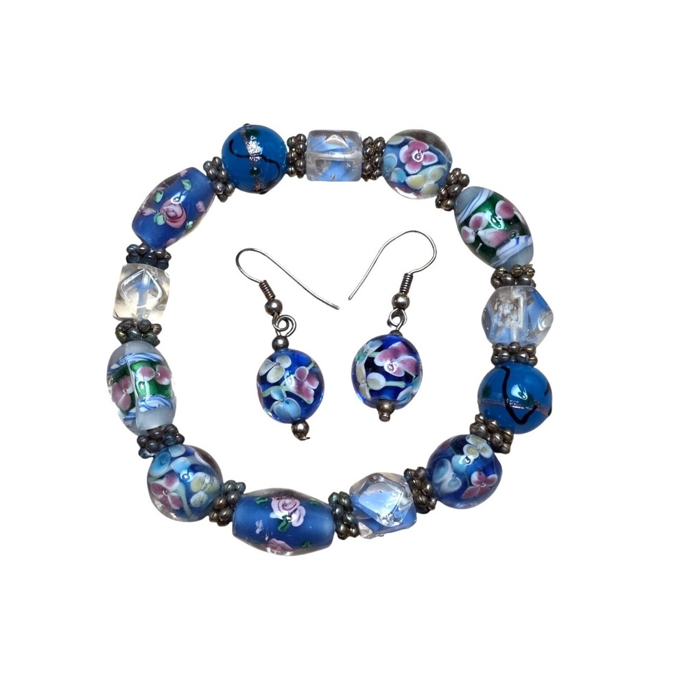Blue Wedding Cake Lampwork Glass Bead Bracelet Earrings Set Floral Venetian‎